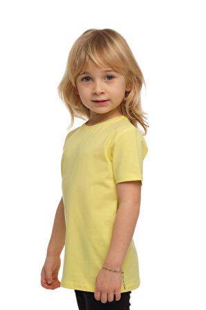 Açık Sarı Basic Unisex Çocuk Sıfır Yaka Kısa Kollu Tişört