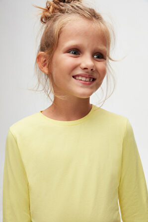 Açık Sarı Basic Unisex Çocuk Mevsimlik Sıfır Yaka Uzun Kollu Tişört