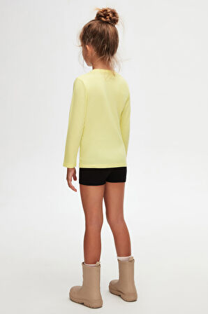 Açık Sarı Basic Unisex Çocuk Mevsimlik Sıfır Yaka Uzun Kollu Tişört