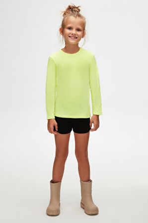 Neon Sarı Basic Unisex Çocuk Mevsimlik Sıfır Yaka Uzun Kollu Tişört