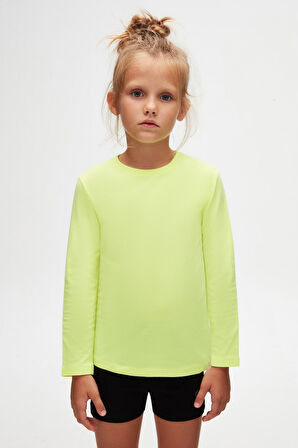 Neon Sarı Basic Unisex Çocuk Mevsimlik Sıfır Yaka Uzun Kollu Tişört