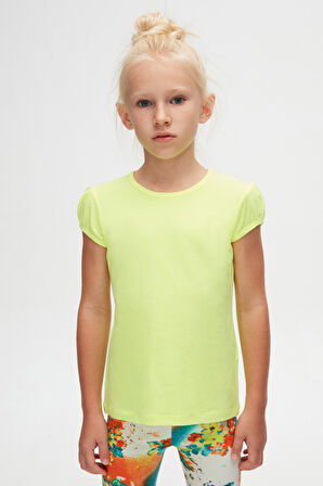 Neon Sarı Basic Kız Çocuk Sıfır Yaka Karpuz Kol Tişört