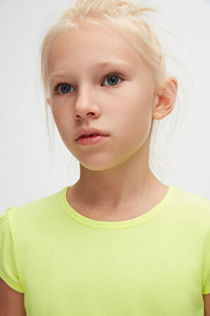 Neon Sarı Basic Kız Çocuk Sıfır Yaka Karpuz Kol Tişört