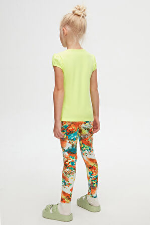 Neon Sarı Basic Kız Çocuk Sıfır Yaka Karpuz Kol Tişört