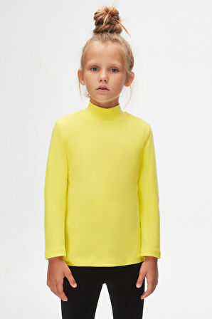 Fosforlu Sarı Basic Kışlık Yarım Balıkçı Yaka Uzun Kollu Kız Çocuk Tişört