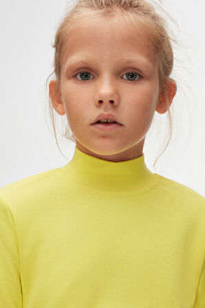 Fosforlu Sarı Basic Kışlık Yarım Balıkçı Yaka Uzun Kollu Kız Çocuk Tişört