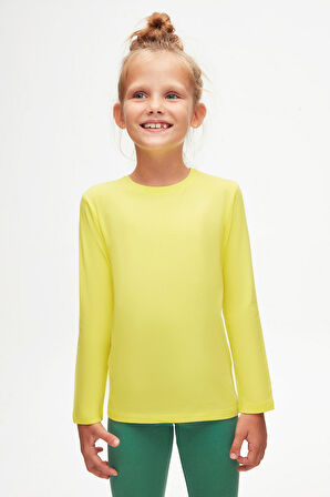 Fosforlu Sarı Basic Unisex Çocuk Mevsimlik Sıfır Yaka Uzun Kollu Tişört