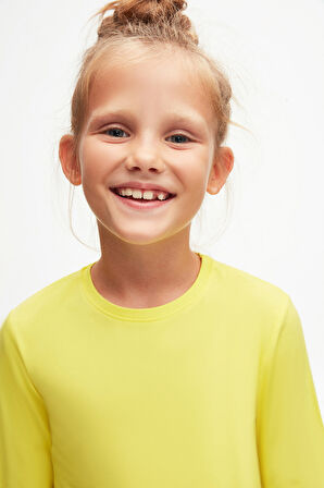 Fosforlu Sarı Basic Unisex Çocuk Mevsimlik Sıfır Yaka Uzun Kollu Tişört