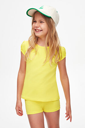 Fosforlu Sarı Basic Kız Çocuk Sıfır Yaka Karpuz Kol Tişört