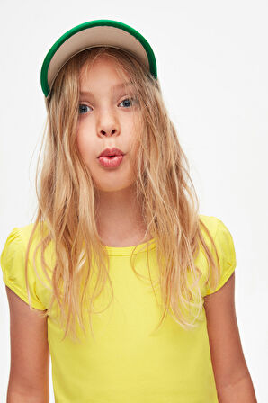 Fosforlu Sarı Basic Kız Çocuk Sıfır Yaka Karpuz Kol Tişört
