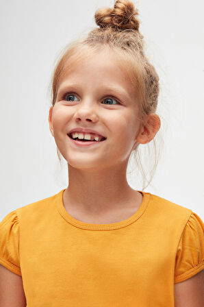 Kadmium Sarı Basic Kız Çocuk Sıfır Yaka Karpuz Kol Tişört