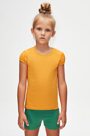 Kadmium Sarı Basic Kız Çocuk Sıfır Yaka Karpuz Kol Tişört