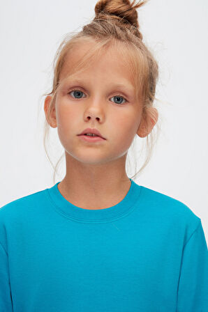 Koyu Turkuaz Basic Kışlık Sıfır Yaka Uzun Kollu Kız Çocuk Tişört