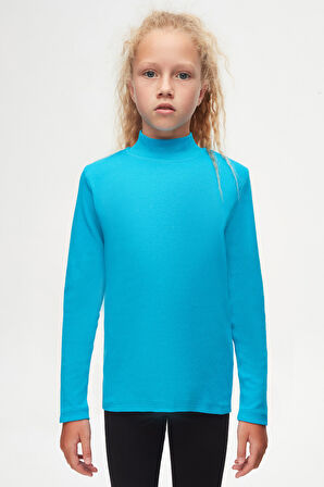 Koyu Turkuaz Basic Kışlık Yarım Balıkçı Yaka Uzun Kollu Kız Çocuk Tişört