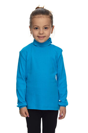 Koyu Turkuaz Basic Kız Çocuk Çıtçıtlı Tam Balıkçı Yaka Şardonlu Kışlık Uzun Kollu Tişört