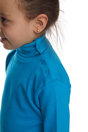Koyu Turkuaz Basic Kız Çocuk Çıtçıtlı Tam Balıkçı Yaka Şardonlu Kışlık Uzun Kollu Tişört