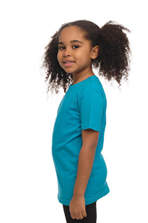 Koyu Turkuaz Basic Unisex Çocuk Sıfır Yaka Kısa Kollu Tişört