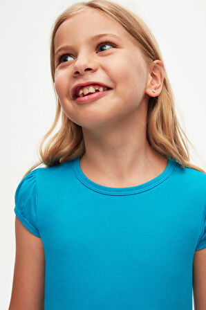 Koyu Turkuaz Basic Kız Çocuk Sıfır Yaka Karpuz Kol Tişört
