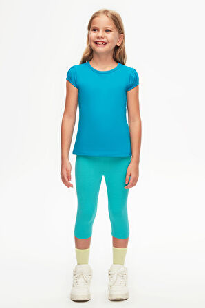 Koyu Turkuaz Basic Kız Çocuk Sıfır Yaka Karpuz Kol Tişört