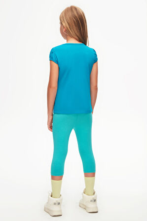 Koyu Turkuaz Basic Kız Çocuk Sıfır Yaka Karpuz Kol Tişört