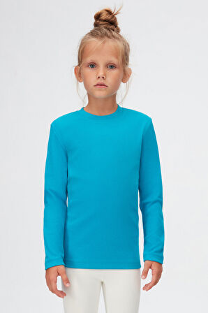 Koyu Turkuaz Basic Unisex Çocuk Kışlık Sıfır Yaka Uzun Kollu Tişört