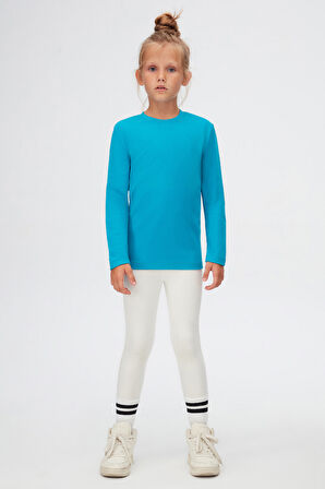 Koyu Turkuaz Basic Unisex Çocuk Kışlık Sıfır Yaka Uzun Kollu Tişört