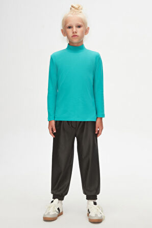 Açık Turkuaz Basic Kışlık Yarım Balıkçı Yaka Uzun Kollu Kız Çocuk Tişört