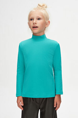 Açık Turkuaz Basic Kışlık Yarım Balıkçı Yaka Uzun Kollu Kız Çocuk Tişört
