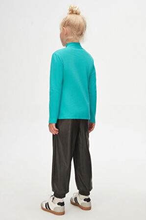 Açık Turkuaz Basic Kışlık Yarım Balıkçı Yaka Uzun Kollu Kız Çocuk Tişört