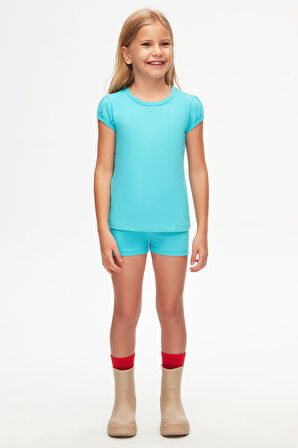 Açık Turkuaz Basic Kız Çocuk Sıfır Yaka Karpuz Kol Tişört