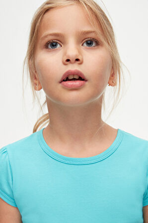 Açık Turkuaz Basic Kız Çocuk Sıfır Yaka Karpuz Kol Tişört