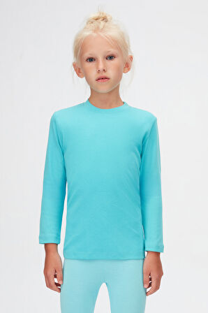 Açık Turkuaz Basic Unisex Çocuk Kışlık Sıfır Yaka Uzun Kollu Tişört