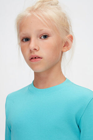 Açık Turkuaz Basic Unisex Çocuk Kışlık Sıfır Yaka Uzun Kollu Tişört