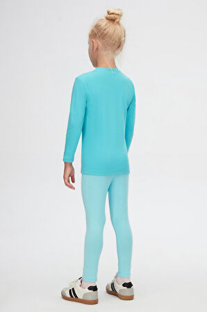 Açık Turkuaz Basic Unisex Çocuk Kışlık Sıfır Yaka Uzun Kollu Tişört