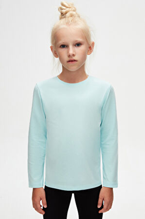 Uçuk Turkuaz Basic Unisex Çocuk Mevsimlik Sıfır Yaka Uzun Kollu Tişört