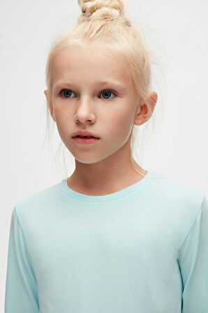 Uçuk Turkuaz Basic Unisex Çocuk Mevsimlik Sıfır Yaka Uzun Kollu Tişört