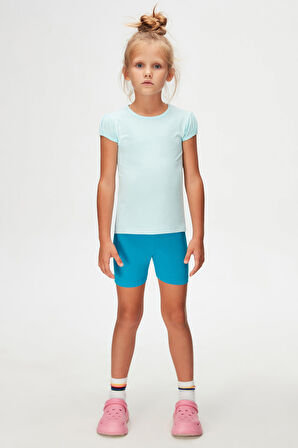 Uçuk Turkuaz Basic Kız Çocuk Sıfır Yaka Karpuz Kol Tişört