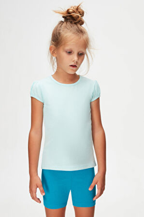 Uçuk Turkuaz Basic Kız Çocuk Sıfır Yaka Karpuz Kol Tişört