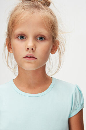 Uçuk Turkuaz Basic Kız Çocuk Sıfır Yaka Karpuz Kol Tişört