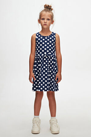 Açık Lacivert Polka-Dot Kız Çocuk Desenli Kolsuz Elbise
