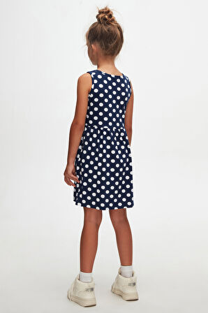 Açık Lacivert Polka-Dot Kız Çocuk Desenli Kolsuz Elbise