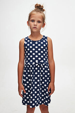 Açık Lacivert Polka-Dot Kız Çocuk Desenli Kolsuz Elbise