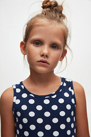 Açık Lacivert Polka-Dot Kız Çocuk Desenli Kolsuz Elbise