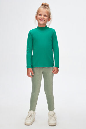 Koyu Yeşil Basic Kışlık Yarım Balıkçı Yaka Uzun Kollu Kız Çocuk Tişört