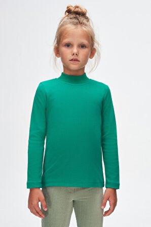 Koyu Yeşil Basic Kışlık Yarım Balıkçı Yaka Uzun Kollu Kız Çocuk Tişört