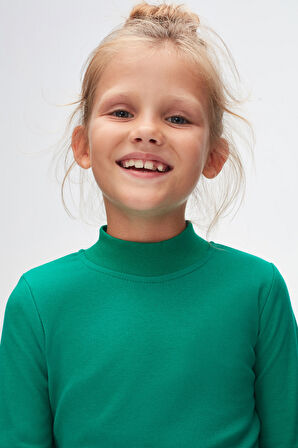 Koyu Yeşil Basic Kışlık Yarım Balıkçı Yaka Uzun Kollu Kız Çocuk Tişört