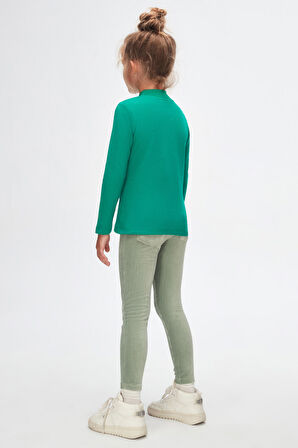 Koyu Yeşil Basic Kışlık Yarım Balıkçı Yaka Uzun Kollu Kız Çocuk Tişört