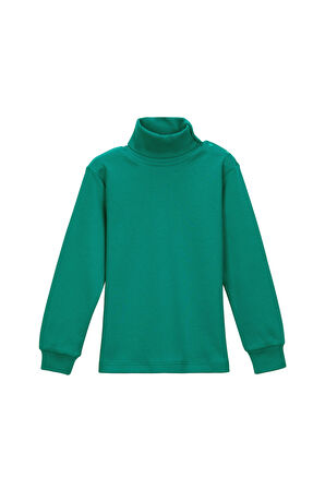 Koyu Yeşil Basic Kız Çocuk Çıtçıtlı Tam Balıkçı Yaka Şardonlu Kışlık Uzun Kollu Tişört
