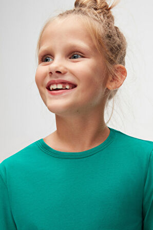 Koyu Yeşil Basic Unisex Çocuk Mevsimlik Sıfır Yaka Uzun Kollu Tişört