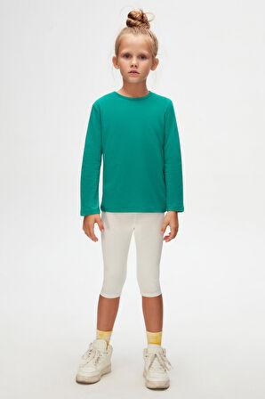 Koyu Yeşil Basic Unisex Çocuk Mevsimlik Sıfır Yaka Uzun Kollu Tişört